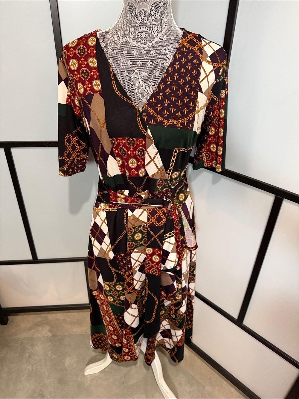 Chain-Print Black Midi Wrap Like Dress with Belt